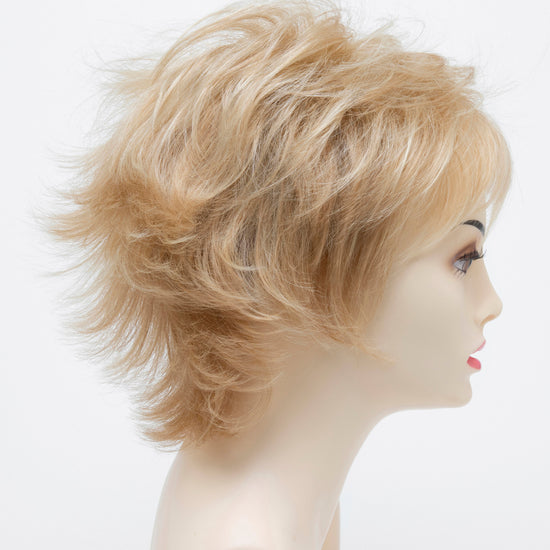 profile side of a short Kinner Beauty Wigs wig for woman on mannequin head 