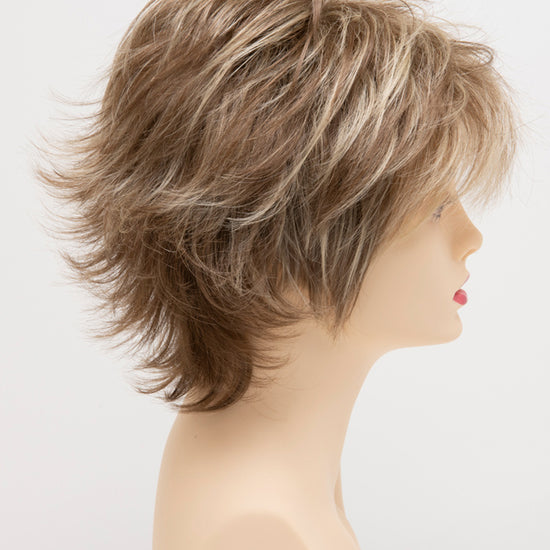 profile side of a short Kinner Beauty Wigs wig for woman on mannequin head 