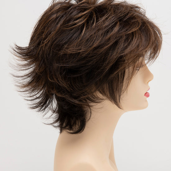 profile side of a short Kinner Beauty Wigs wig for woman on mannequin head 