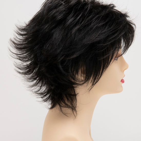 profile side of a short Kinner Beauty Wigs wig for woman on mannequin head 