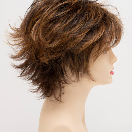 profile side of a short Kinner Beauty Wigs wig for woman on mannequin head 