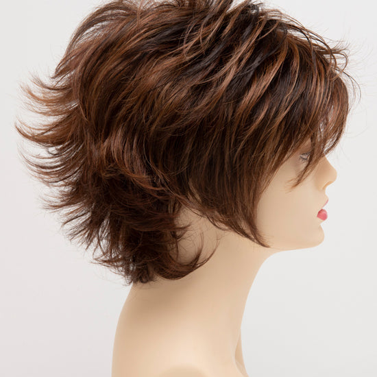 profile side of a short Kinner Beauty Wigs wig for woman on mannequin head 