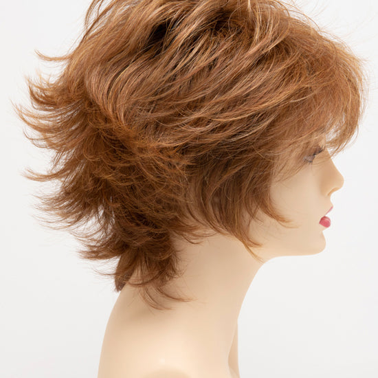 profile side of a short Kinner Beauty Wigs wig for woman on mannequin head 