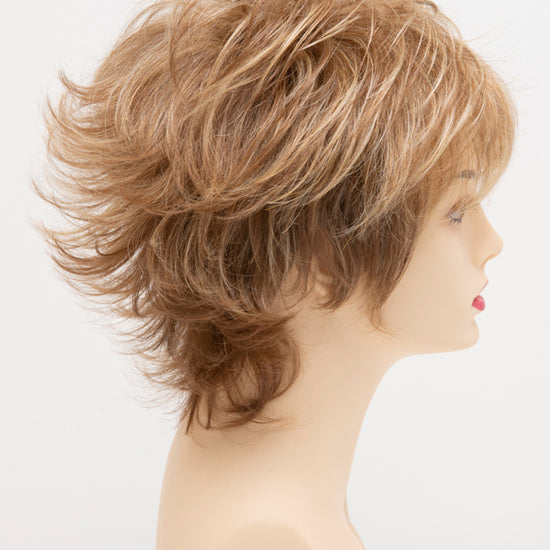 profile side of a short Kinner Beauty Wigs wig for woman on mannequin head 