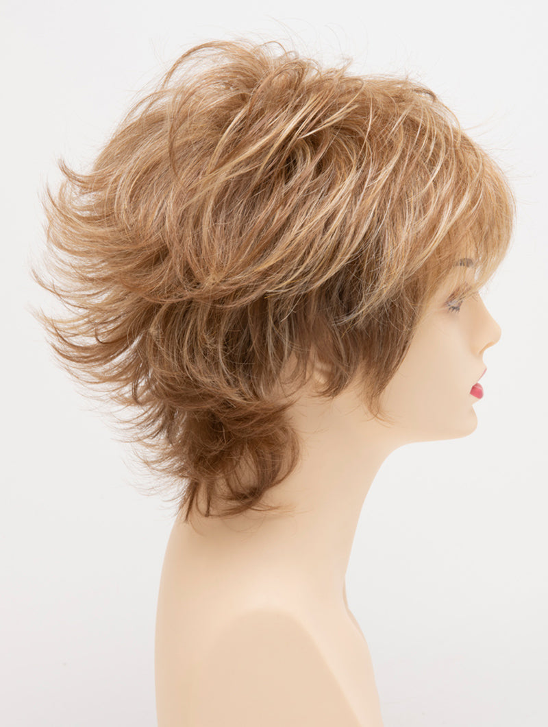 profile side of a short Kinner Beauty Wigs wig for woman on mannequin head 