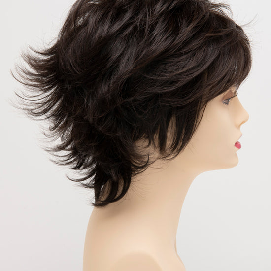 profile side of a short Kinner Beauty Wigs wig for woman on mannequin head 