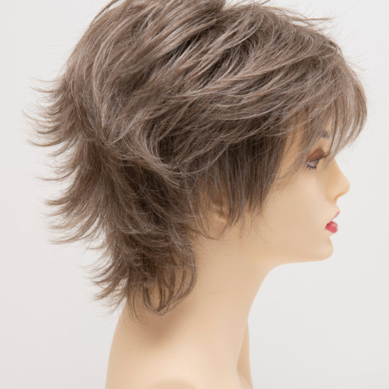 profile side of a short Kinner Beauty Wigs wig for woman on mannequin head 