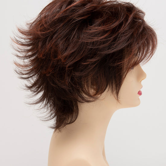 profile side of a short Kinner Beauty Wigs wig for woman on mannequin head 