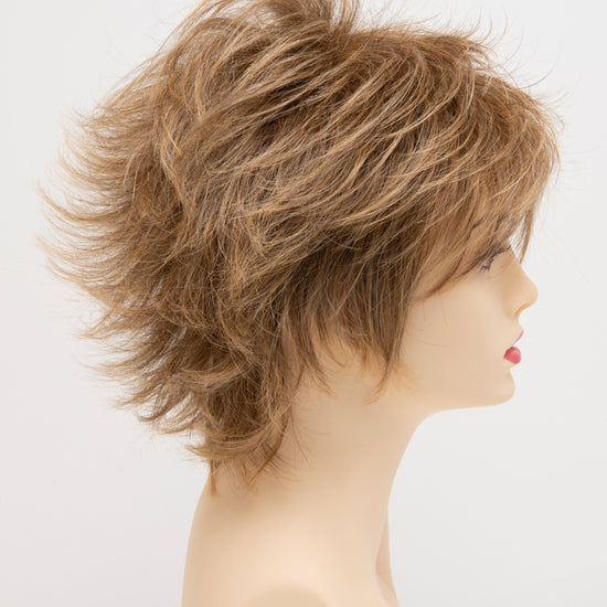 profile side of a short Kinner Beauty Wigs wig for woman on mannequin head 