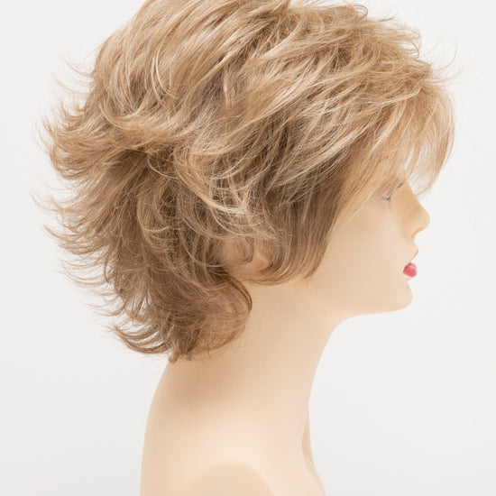 profile side of a short Kinner Beauty Wigs wig for woman on mannequin head 