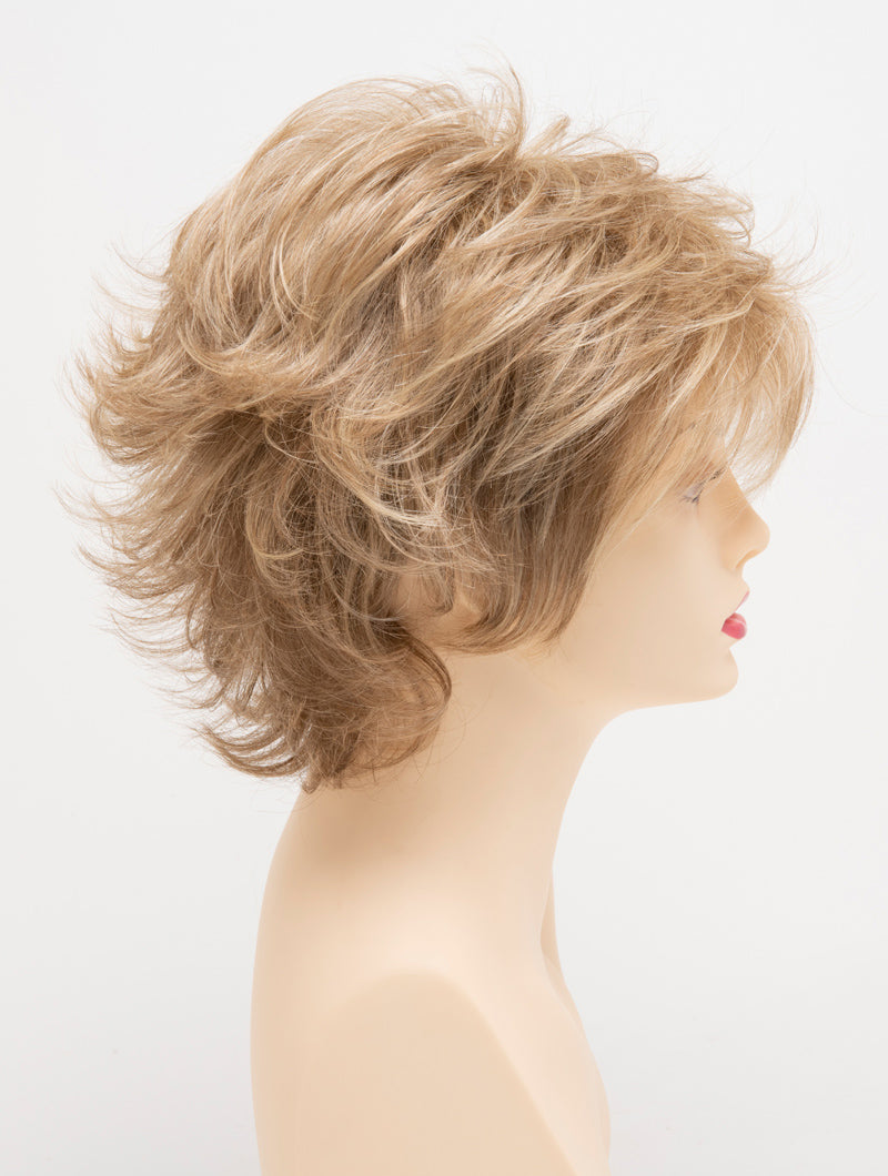 profile side of a short Kinner Beauty Wigs wig for woman on mannequin head 