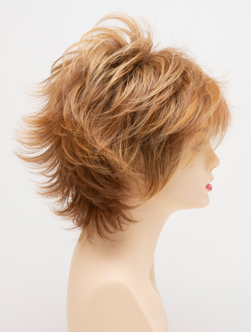 profile side of a short Kinner Beauty Wigs wig for woman on mannequin head 