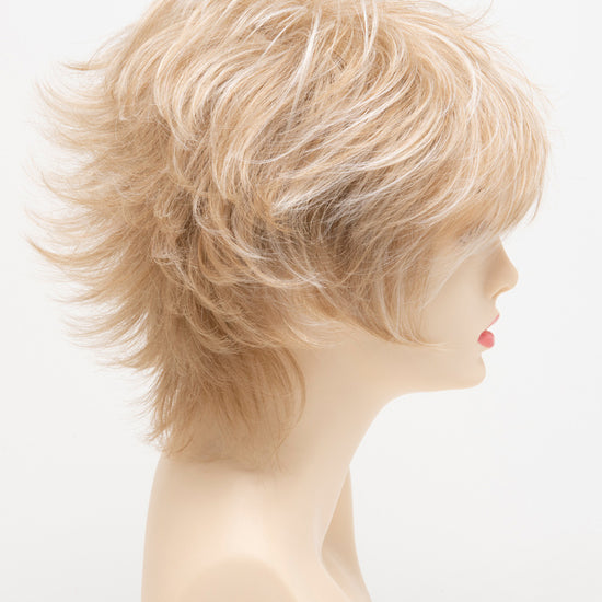 profile side of a short Kinner Beauty Wigs wig for woman on mannequin head 