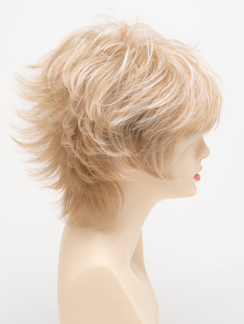 profile side of a short Kinner Beauty Wigs wig for woman on mannequin head 