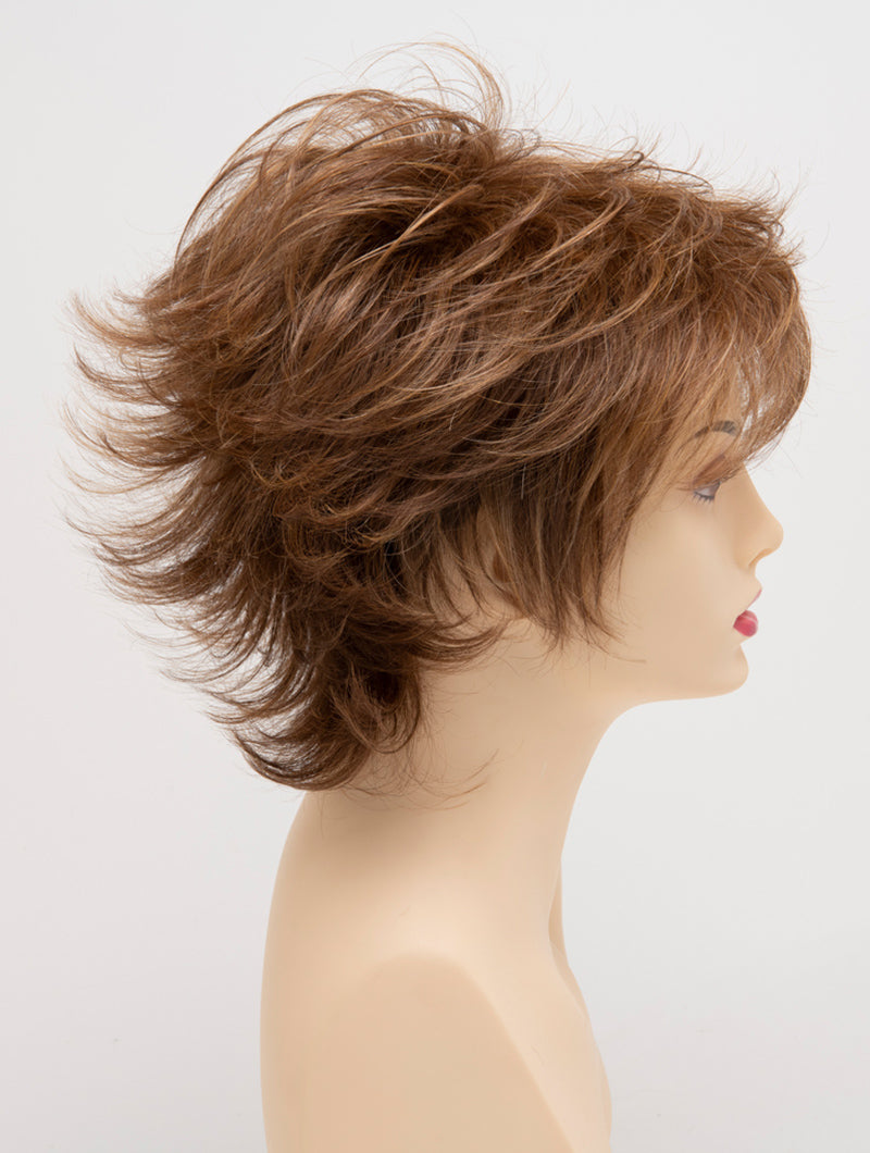 profile side of a short Kinner Beauty Wigs wig for woman on mannequin head 