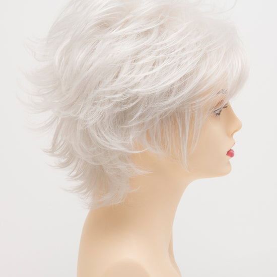 profile side of a short Kinner Beauty Wigs wig for woman on mannequin head 