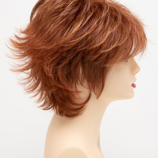 profile side of a short Kinner Beauty Wigs wig for woman on mannequin head 