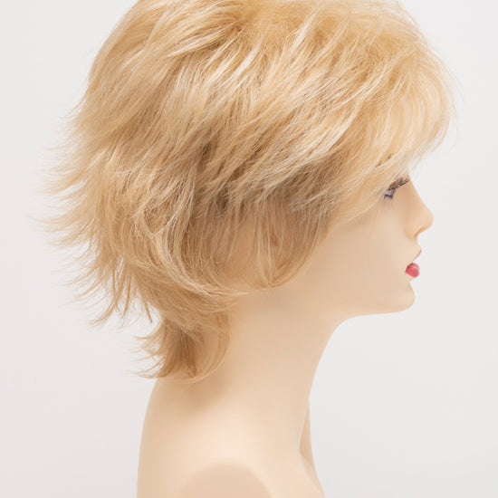 profile side of a short Kinner Beauty Wigs wig for woman on mannequin head 