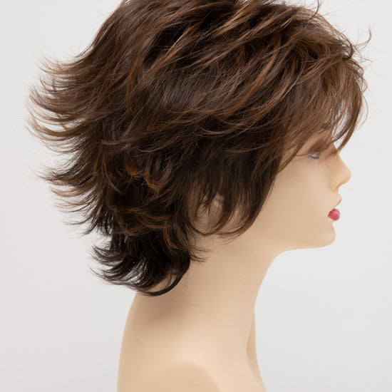 profile side of a short Kinner Beauty Wigs wig for woman on mannequin head 