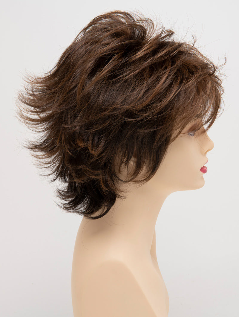 profile side of a short Kinner Beauty Wigs wig for woman on mannequin head 