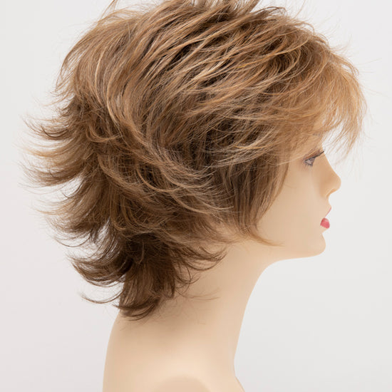 profile side of a short Kinner Beauty Wigs wig for woman on mannequin head 