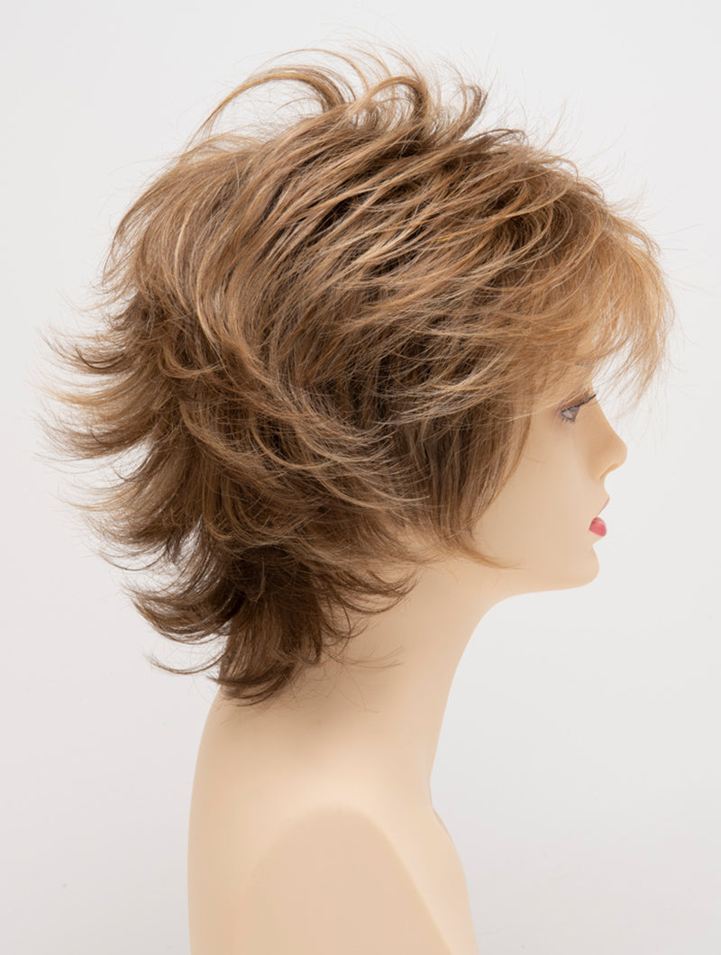 profile side of a short Kinner Beauty Wigs wig for woman on mannequin head 