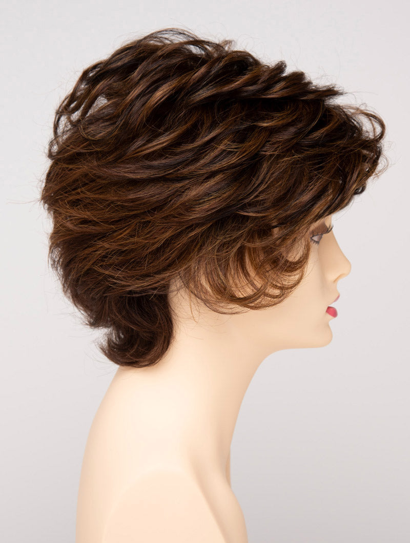 profile side of a short Kinner Beauty Wigs wig for woman on mannequin head 