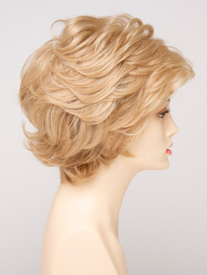 profile side of a short Kinner Beauty Wigs wig for woman on mannequin head 