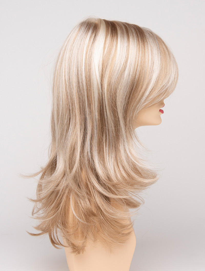 profile side of a long Kinner Beauty Wigs wig for woman on mannequin head 