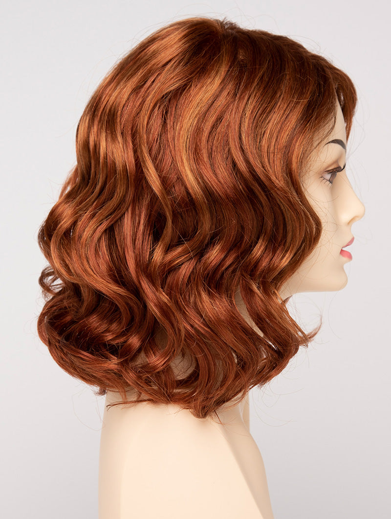 profile side of a medium Kinner Beauty Wigs wig for woman on mannequin head 