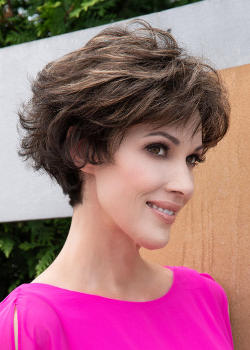 profile side of a short Kinner Beauty Wigs wig on woman head 