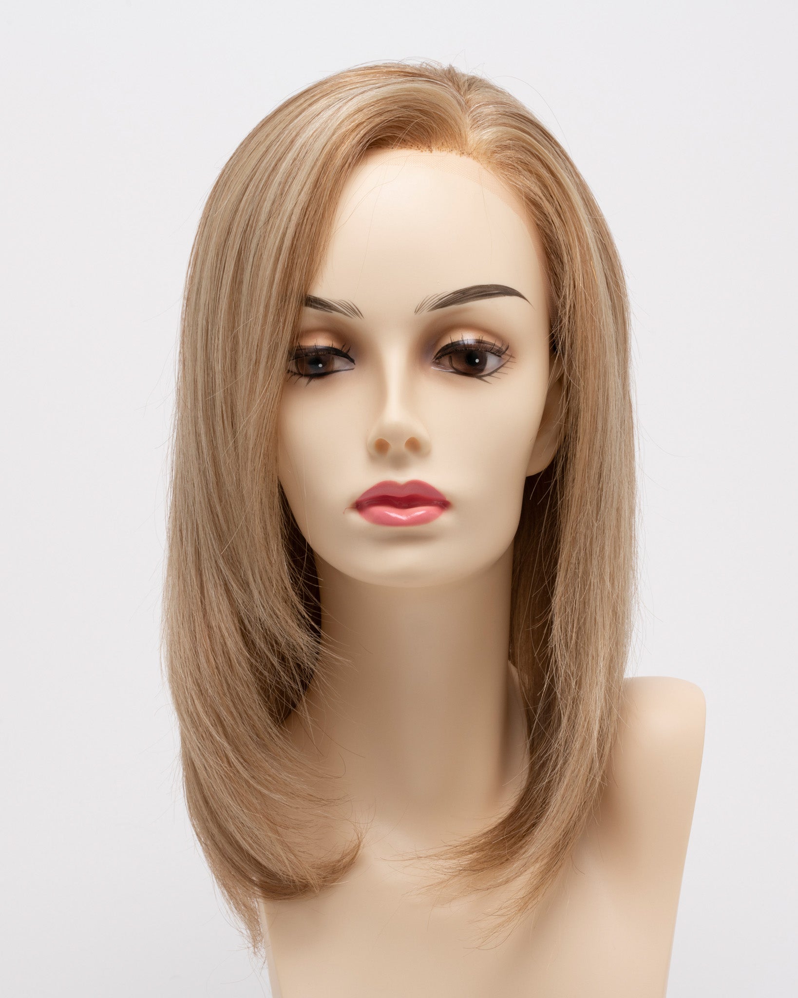 front side of a medium Kinner Beauty Wigs wig for woman on mannequin head 