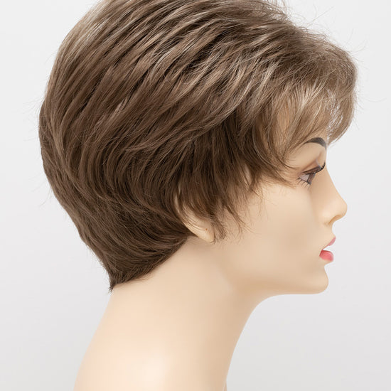 profile side of a short Kinner Beauty Wigs wig on woman head 