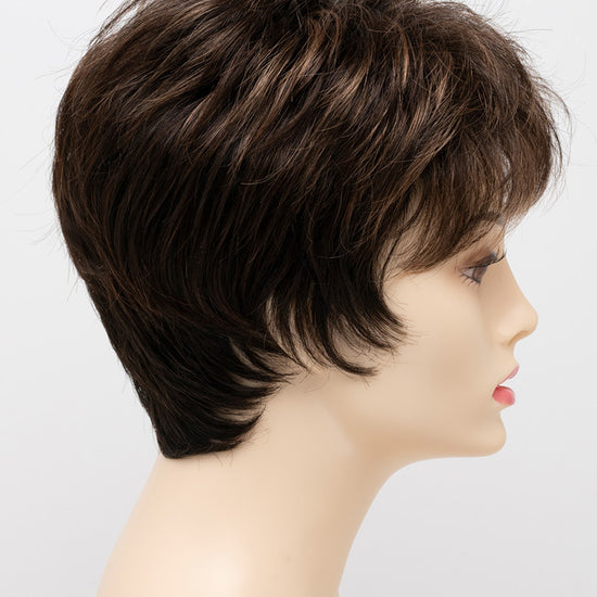 profile side of a short Kinner Beauty Wigs wig on woman head 