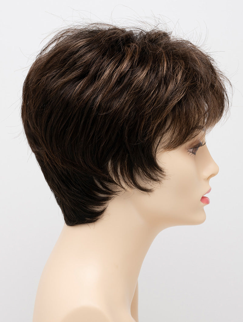 profile side of a short Kinner Beauty Wigs wig on woman head 