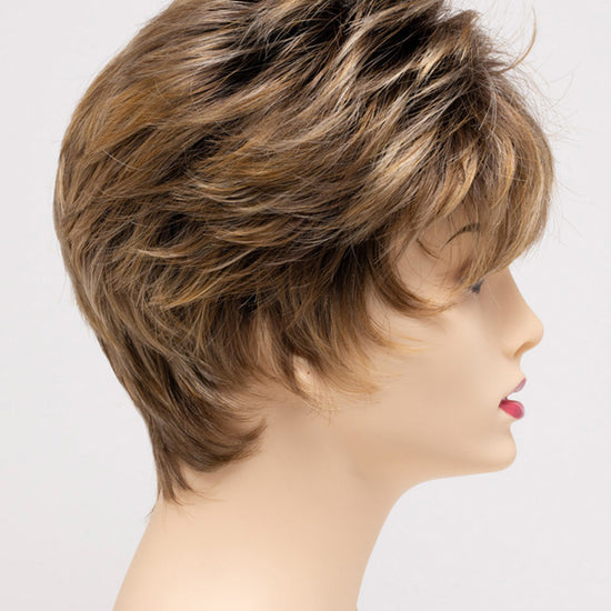 profile side of a short Kinner Beauty Wigs wig on woman head 