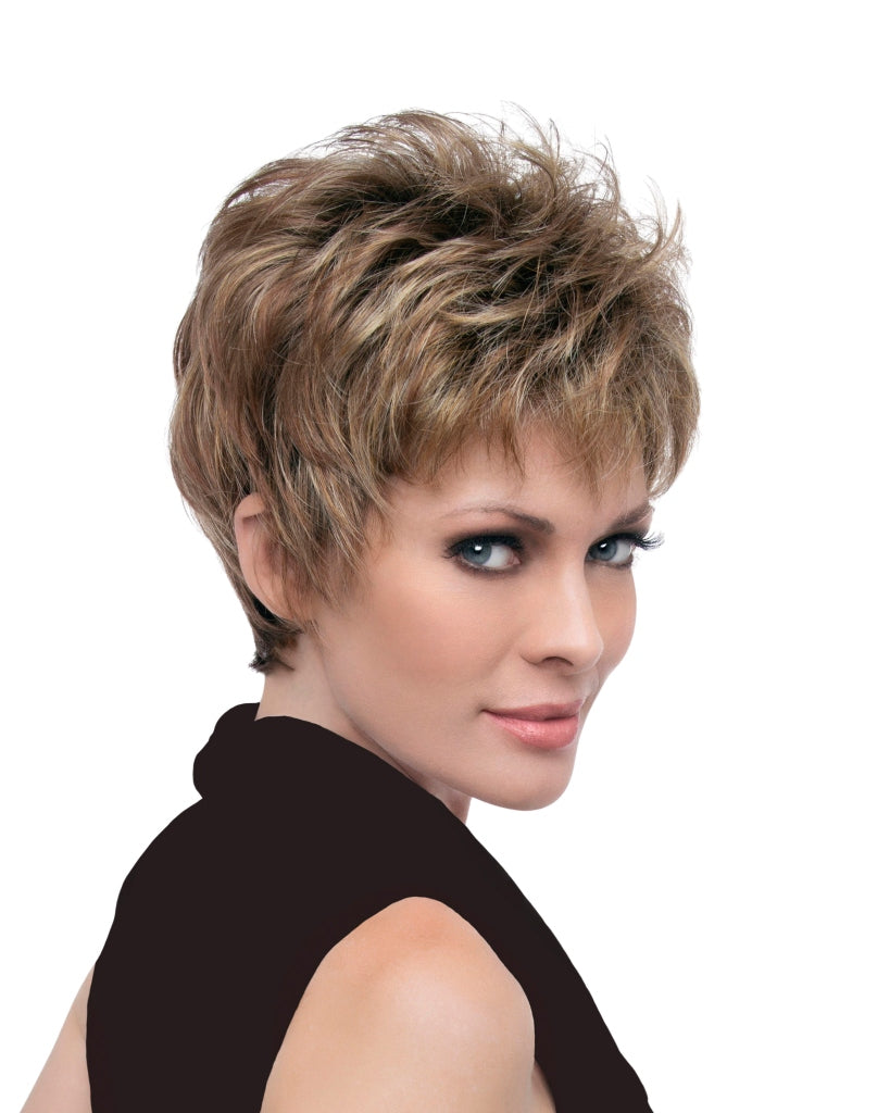 front side of a short Kinner Beauty Wigs wig on woman head 