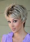 front side of a short Kinner Beauty Wigs wig for woman on mannequin head 