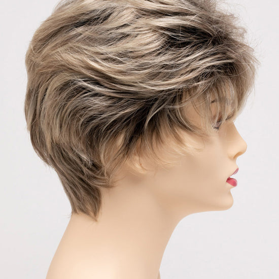 profile side of a short Kinner Beauty Wigs wig on woman head 