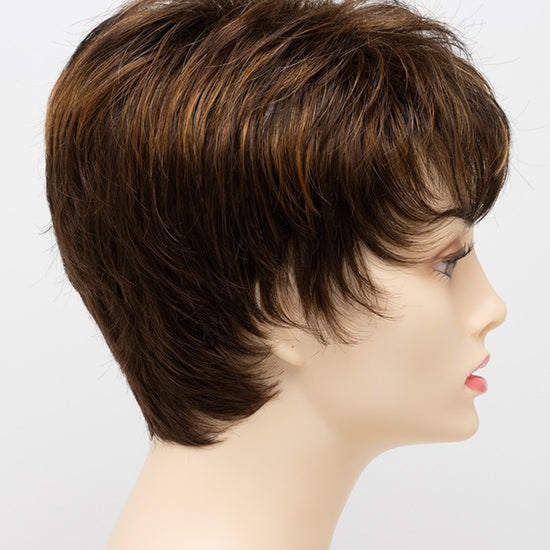 profile side of a short Kinner Beauty Wigs wig on woman head 