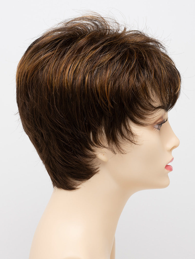 profile side of a short Kinner Beauty Wigs wig on woman head 