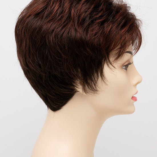 profile side of a short Kinner Beauty Wigs wig on woman head 