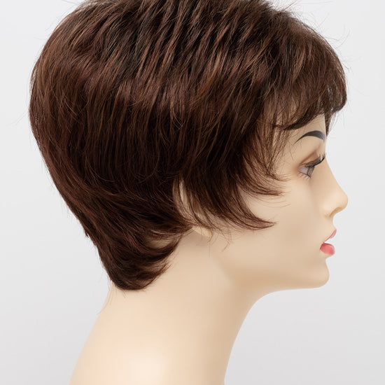 profile side of a short Kinner Beauty Wigs wig on woman head 