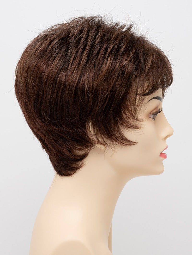 profile side of a short Kinner Beauty Wigs wig on woman head 