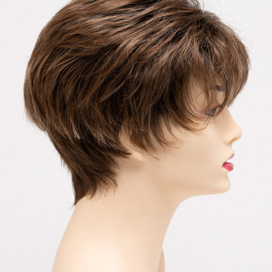 profile side of a short Kinner Beauty Wigs wig on woman head 