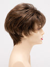 profile side of a short Kinner Beauty Wigs wig on woman head 