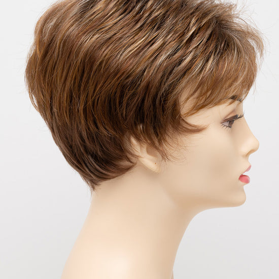 profile side of a short Kinner Beauty Wigs wig on woman head 