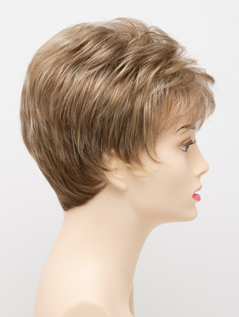 profile side of a short Kinner Beauty Wigs wig on woman head 