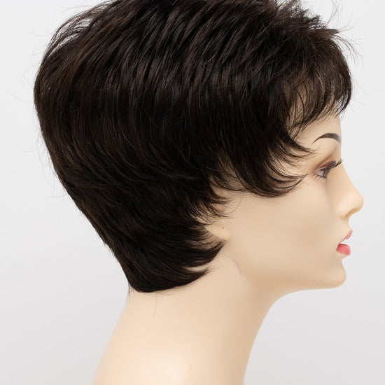 profile side of a short Kinner Beauty Wigs wig on woman head 