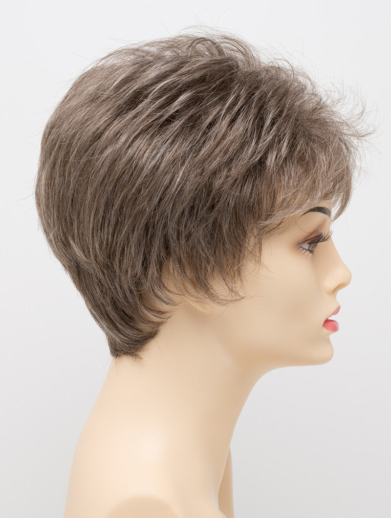 profile side of a short Kinner Beauty Wigs wig on woman head 